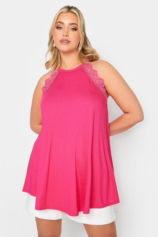 LIMITED COLLECTION Plus Size Hot Pink Lace Detail Racer Vest Top | Yours Clothing 1
