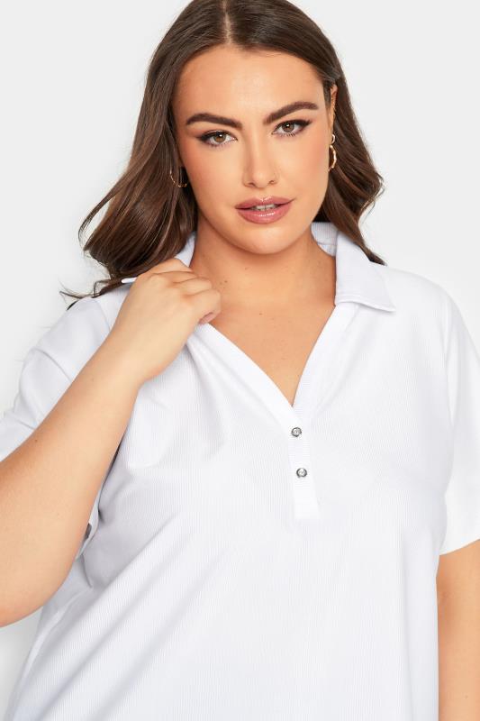 YOURS Plus Size White Ribbed Polo Top | Yours Clothing 4