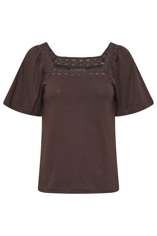 PixieGirl Petite Women's Chocolate Brown Crochet Trim Flutter Sleeve Cotton T-Shirt | PixieGirl 5