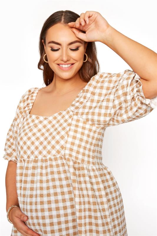 BUMP IT UP MATERNITY Curve White & Beige Brown Gingham Square Neck Top_D.jpg