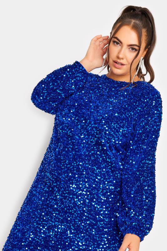 YOURS LONDON Plus Size Cobalt Blue Long Sleeve Sequin Shift Dress | Yours Clothing 4