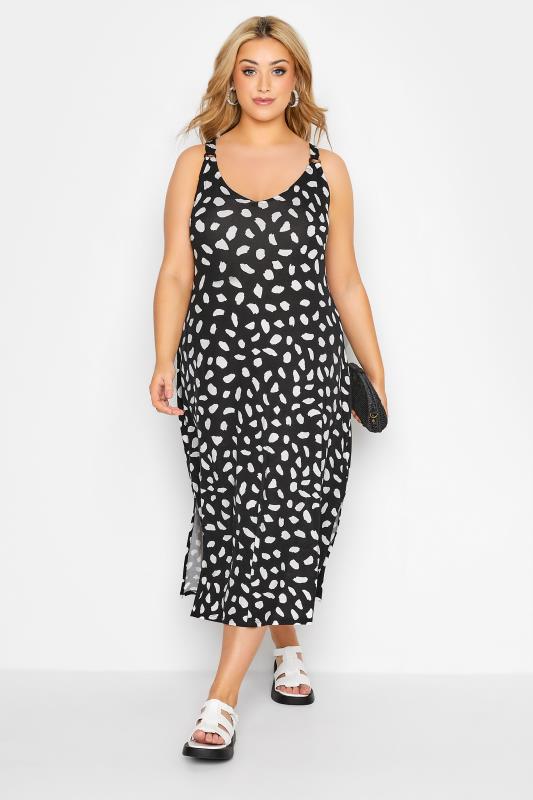  Tallas Grandes Curve Black Dalmatian Print Side Split Midi Beach Dress