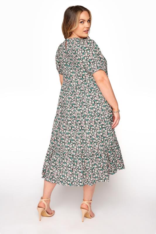 Curve Green Floral Short Puff Sleeve Tiered Midi Dress 3