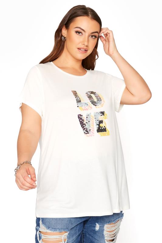 Großen Größen  Curve White 'Love' Slogan Sequin Embellished T-Shirt