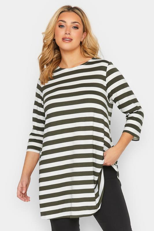Plus Size Khaki Green Stripe Longline T-Shirt | Yours Clothing 1