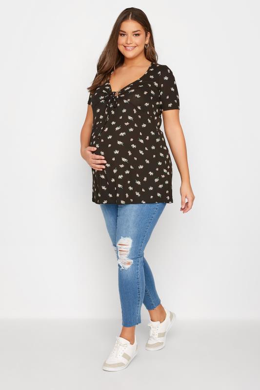 BUMP IT UP MATERNITY Plus Size Black Floral Keyhole Top | Yours Clothing 2