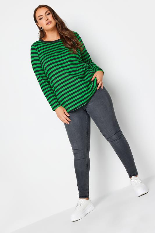 YOURS 2 PACK Plus Size Green & White Stripe Long Sleeve T-Shirts | Yours Clothing 3