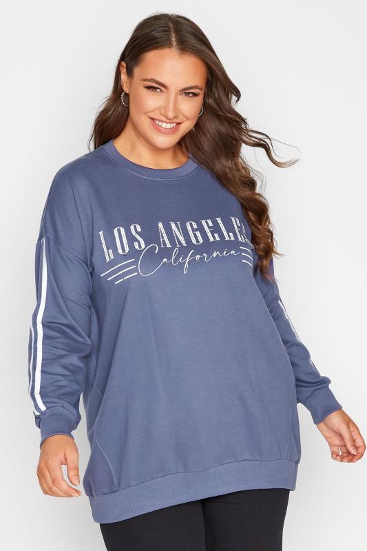 Plus Size Blue 'Los Angeles' Embellished Varsity Sweatshirt | Yours Clothing 1