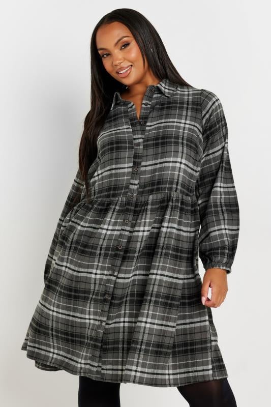 YOURS Plus Size Grey Check Print Shirt Dress | Yours Clothing  2