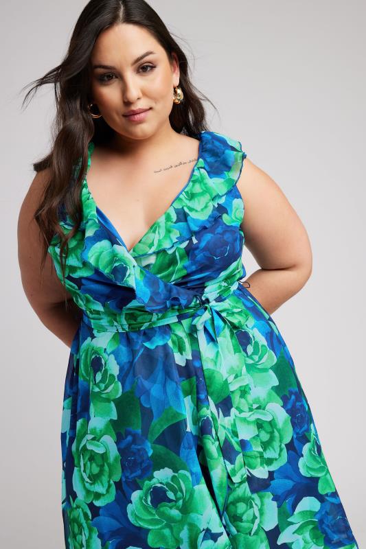 YOURS LONDON Plus Size Green Floral Print Ruffle Wrap Dress | Yours Clothing 2