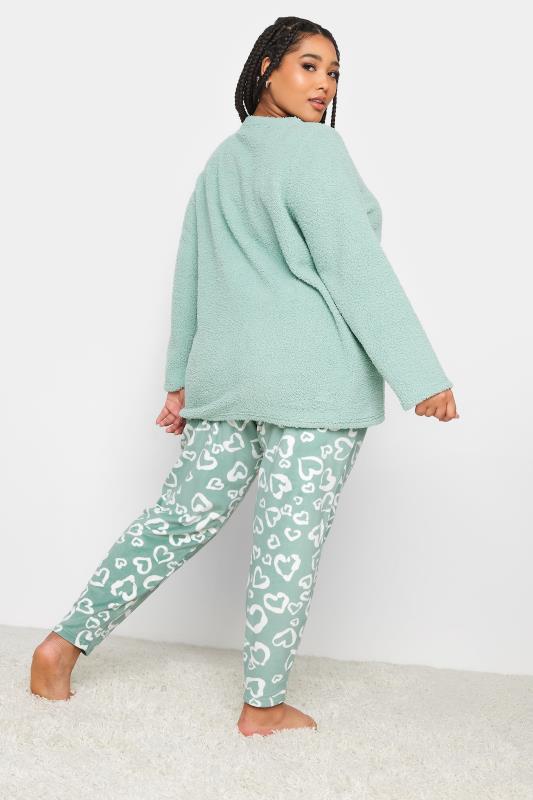 YOURS Plus Size Sage Green Love Heart Teddy Fleece Lounge Set | Yours Clothing 3