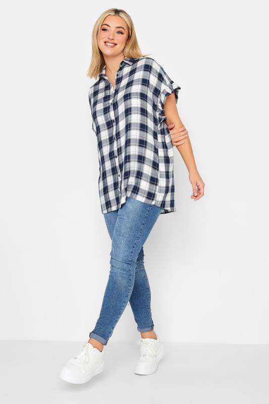 YOURS Plus Size Navy Blue Check Print Frill Sleeve Collared Shirt | Yours Clothing 2