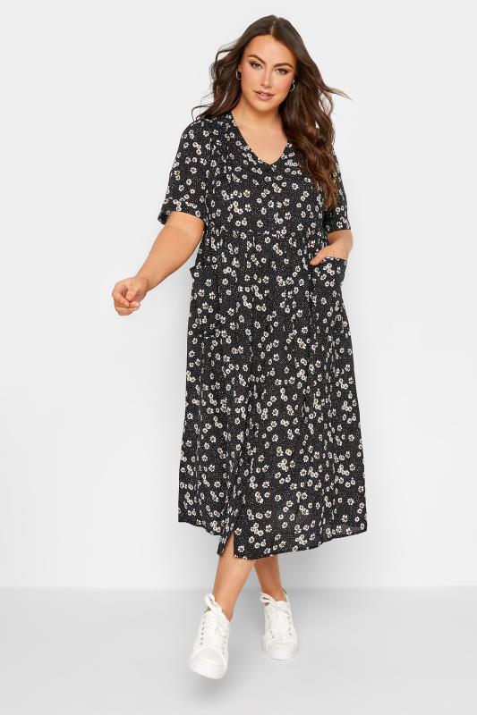 YOURS Plus Size Black Daisy Print Smock Dress | Yours Clothing 1