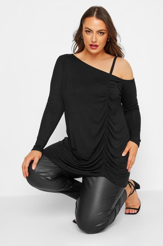 LIMITED COLLECTION Plus Size Black Ruched One Shoulder Top | Yours Clothing 1