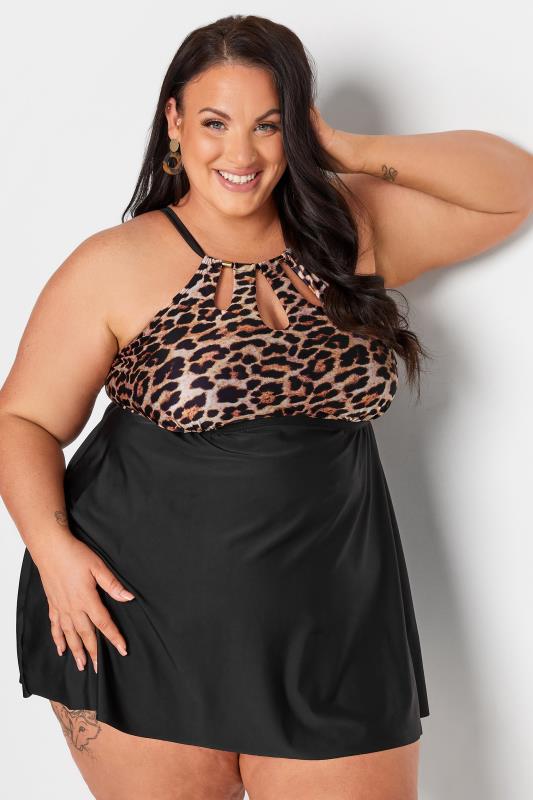 Plus Size Black Leopard Print Triple Keyhole Swim Dress | Yours Clothing 1