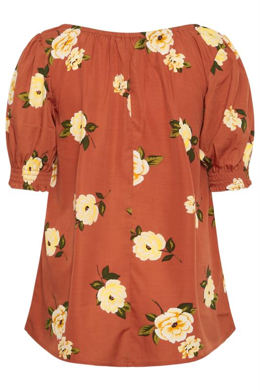 YOURS Plus Size Rust Orange Floral Print Puff Sleeve Tie Neck Top | Yours Clothing 7
