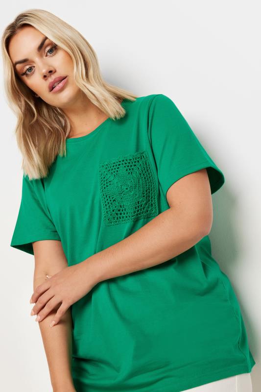 YOURS Plus Size Green Crochet Pocket T-Shirt | Yours Clothing 4