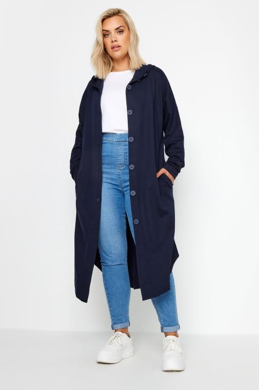 YOURS Plus Size Navy Blue Button Through Hooded Maxi Jacket | Yours Clothing 2