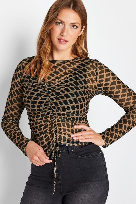 LTS Tall Brown Chain Print Ruched Front Mesh Top 4