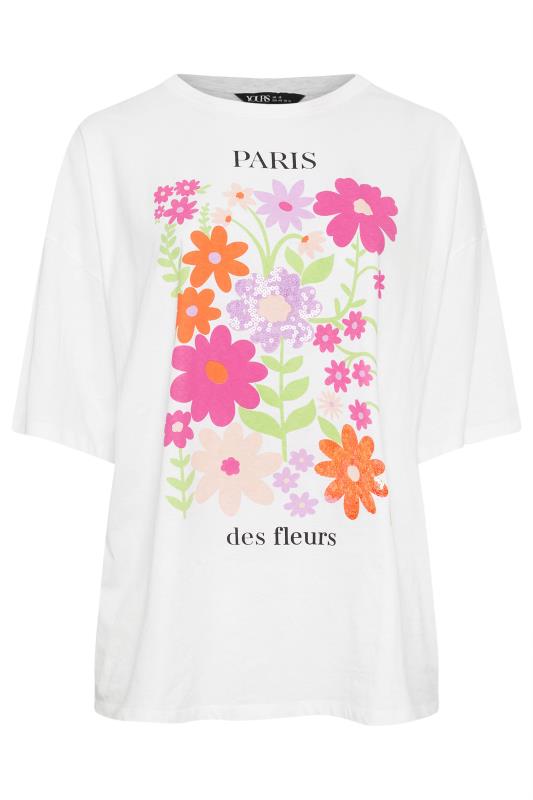 YOURS Plus Size White Floral Print 'Paris' Slogan Oversized T-Shirt | Yours Clothing 5