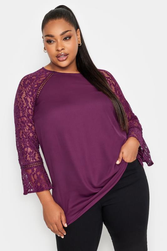  Grande Taille YOURS LONDON Curve Purple Lace Flute Sleeve Top
