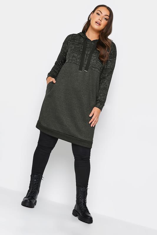 Curve Plus Size Black & Grey Soft Touch Glitter Hoodie Dress | Yours Clothing 2