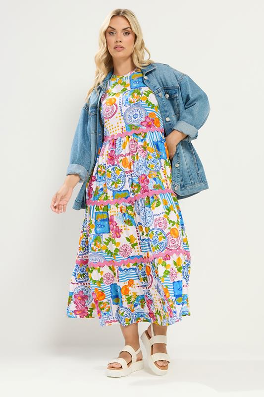 YOURS Plus Size White & Blue 'Mediterranean' Print Tiered Maxi Dress| Yours Clothing 1