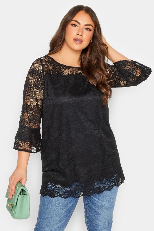 YOURS Plus Size Black Lace Bell Sleeve Blouse | Yours Clothing 2