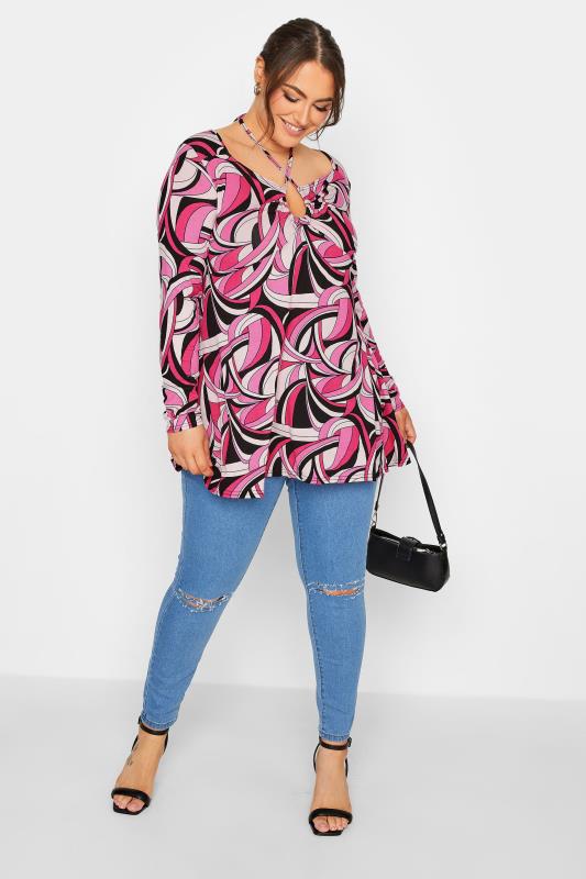 LIMITED COLLECTION Plus Size Pink Abstract Print Keyhole Tie Swing Top | Yours Clothing 2