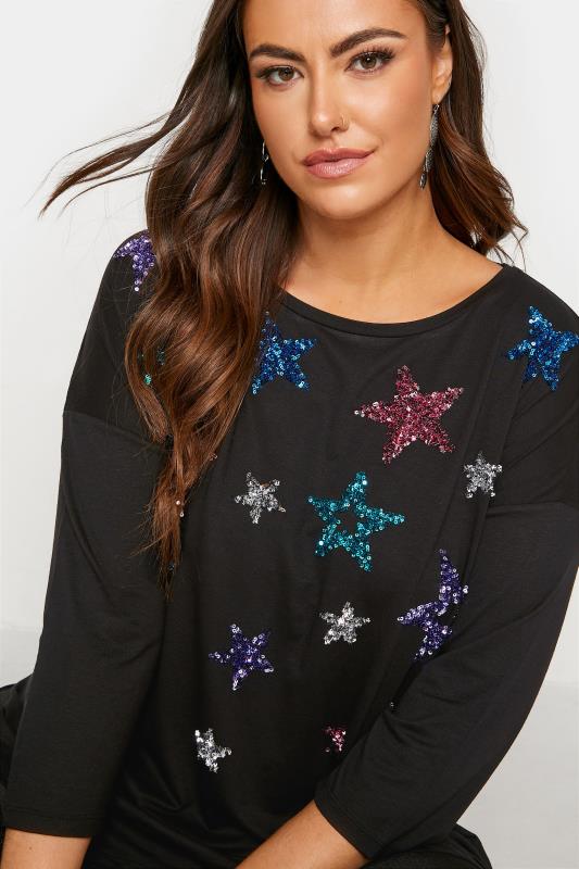 Plus Size Black Sequin Star Print T-Shirt | Yours Clothing 4