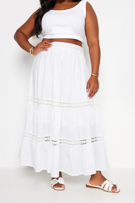  YOURS Curve White Tiered Lace Cotton Maxi Skirt