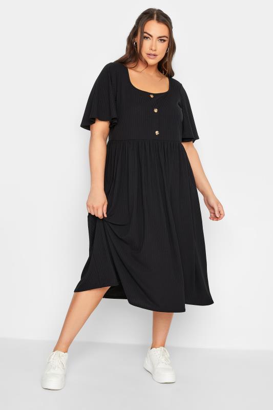 LIMITED COLLECTION Plus Size Black Ribbed Square Neck Midi Dress | Yours Clothing 2
