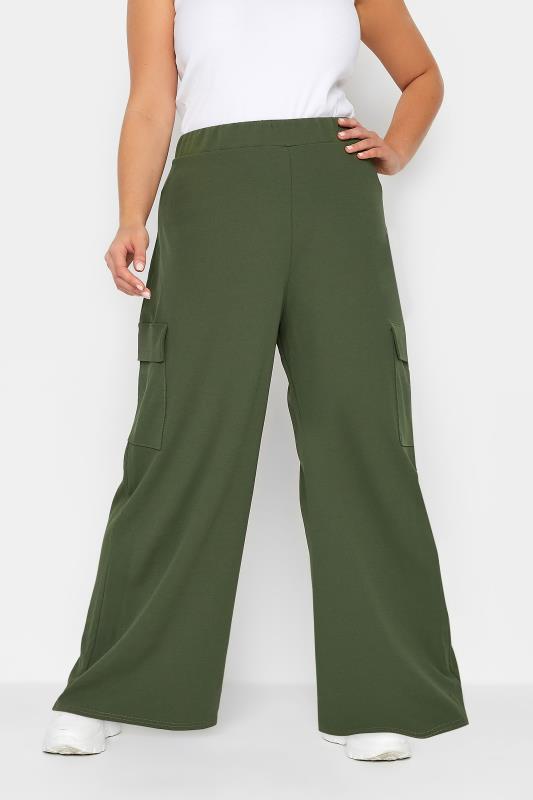 YOURS PETITE Curve Khaki Green Wide Leg Cargo Trousers | Yours Clothing 1