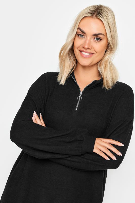 YOURS Plus Size Black Ribbed Quarter Zip Jumper Dress | Yours Clothing 4