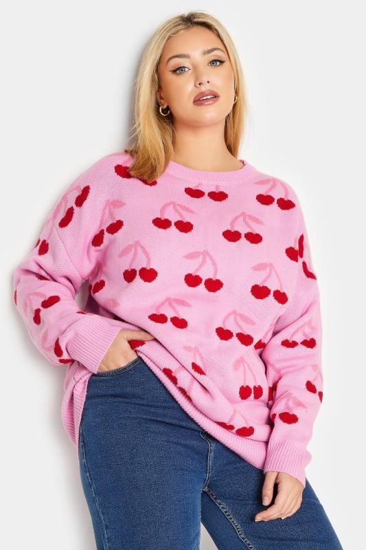 YOURS Plus Size Pink Cherry Jacquard Knit Jumper | Yours Clothing 1