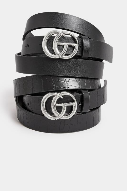 2 PACK Black & Croc Print Initial Logo Belts | Yours Clothing 4