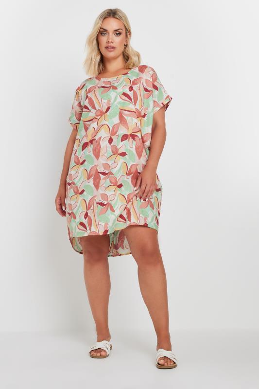 YOURS Plus Size Green & Orange Leaf Print Tunic Dress | Yours Clothing 3