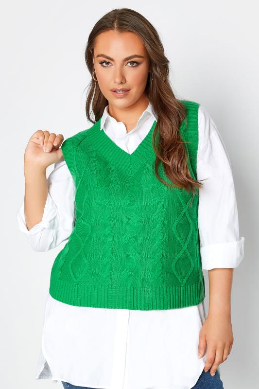 Plus Size Bright Green Cable Knit Sweater Vest Top | Yours Clothing 4