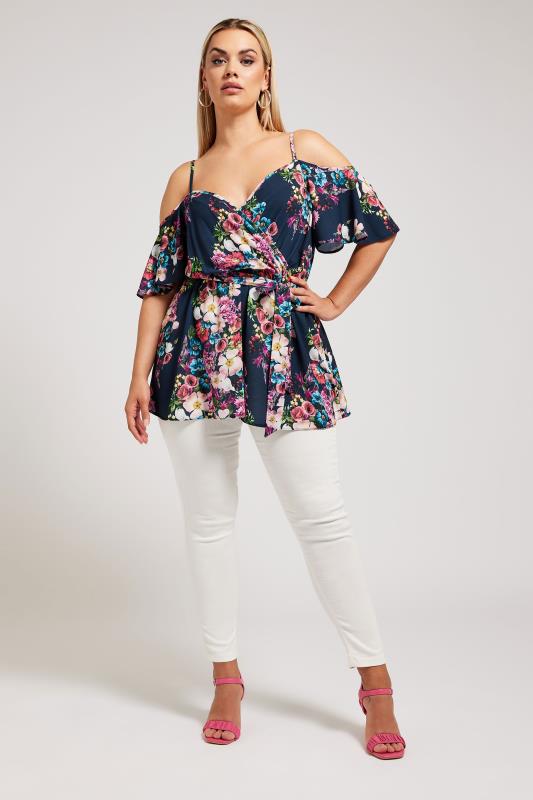 YOURS LONDON Plus Size Navy Blue Floral Print Cold Shoulder Top | Yours Clothing 2