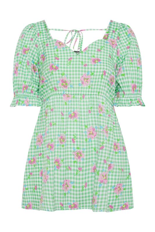 LIMITED COLLECTION Plus Size Green Gingham Floral Puff Sleeve Peplum Top | Yours Clothing 5