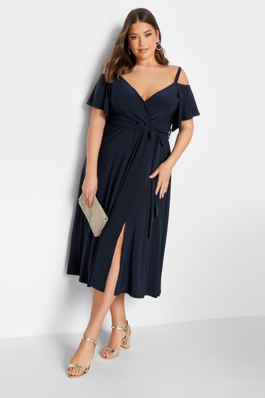 YOURS LONDON Plus Size Navy Blue Cold Shoulder Wrap Dress | Yours Clothing 1