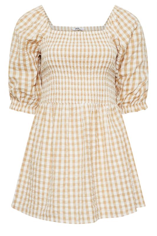 YOURS Curve Natural Brown Gingham Print Square Neck Shirred Top | Yours Clothing 6