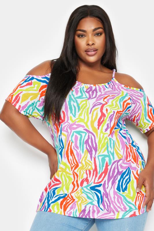 YOURS Plus Size White Rainbow Zebra Print Cold Shoulder Top | Yours Clothing 1