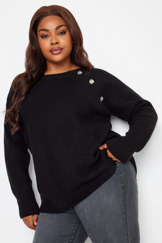 YOURS Plus Size Black Button Detail Knitted Jumper | Yours Clothing 1