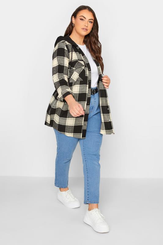 Plus Size Black & Cream Check Hooded Shirt | Yours Clothing 3