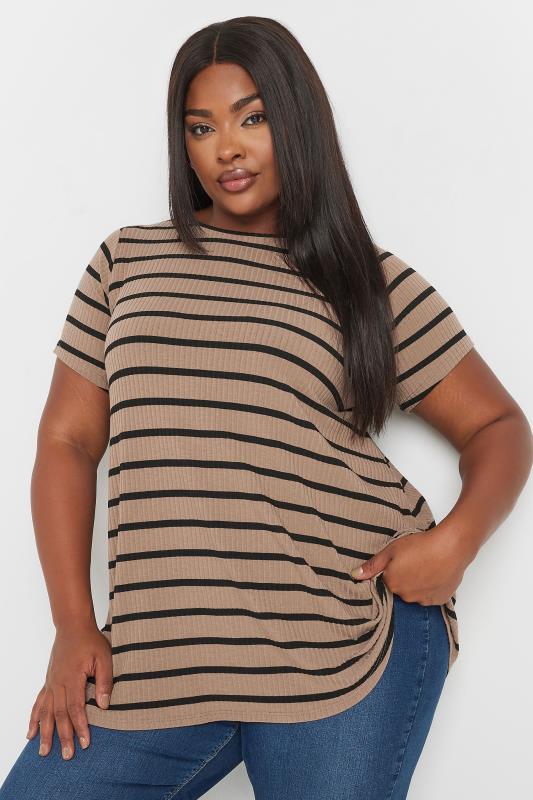 Plus Size  YOURS Curve Brown Stripe Ribbed Swing T-Shirt