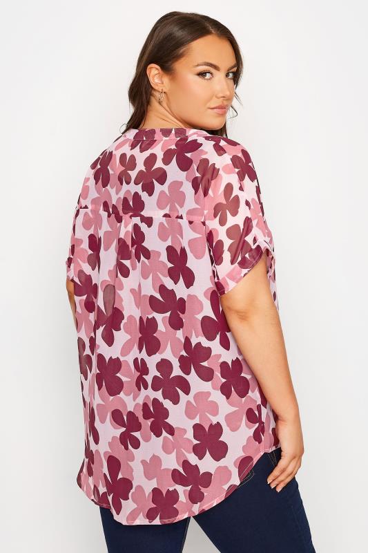 Curve White & Pink Floral Print Chiffon Grown On Sleeve Shirt 3