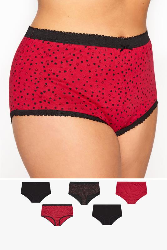 Plus Size  5 PACK Curve Red & Black Heart Print Full Briefs