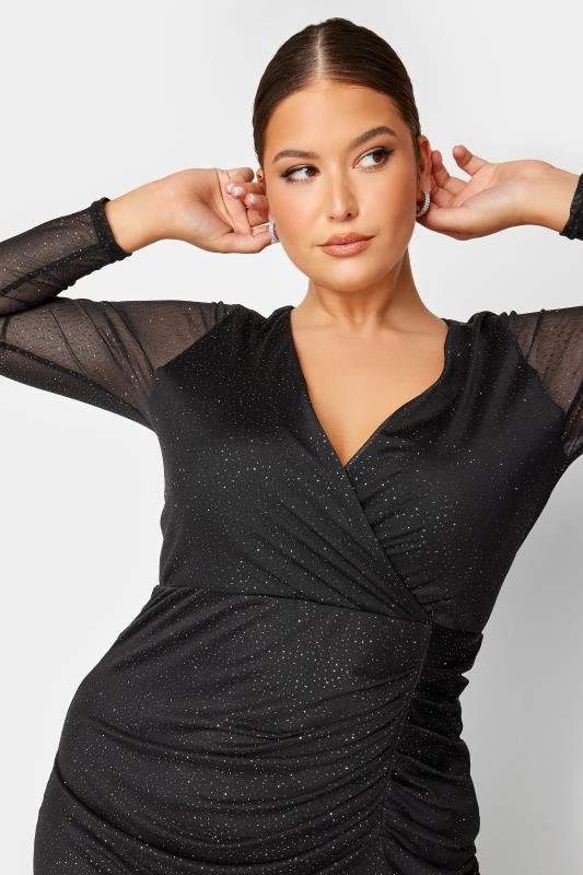 YOURS LONDON Plus Size Curve Black Ruched Mesh Sleeve Wrap Dress | Yours Clothing 4