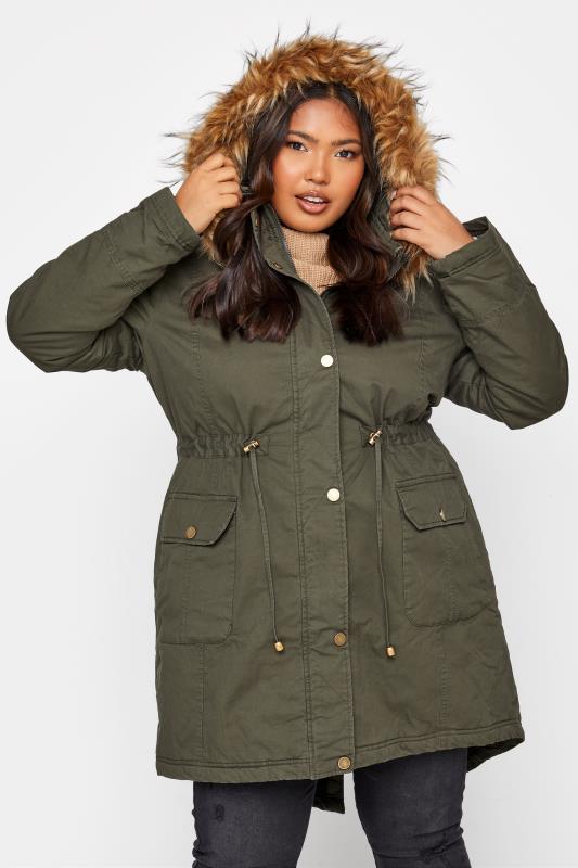 Plus Size Khaki Green Faux Fur Lined, Fur Lined Hooded Coat Ladies